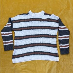 American Eagle Outfitters Striped Crew Neck Sweater - White, Gray, Brown
